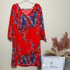 Red 3/4 Sleeved Front Button Dress with Colorful Pattern
